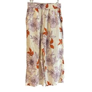 Rachel Roy Pants Small 100% Linen Wide Leg Bold Floral Pockets Gauchos
